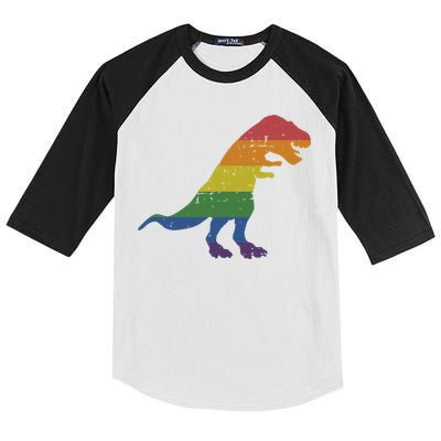 TRex Dinosaur In Rainbow Flag For Pride Month Awareness Kids Colorblock Raglan Jersey