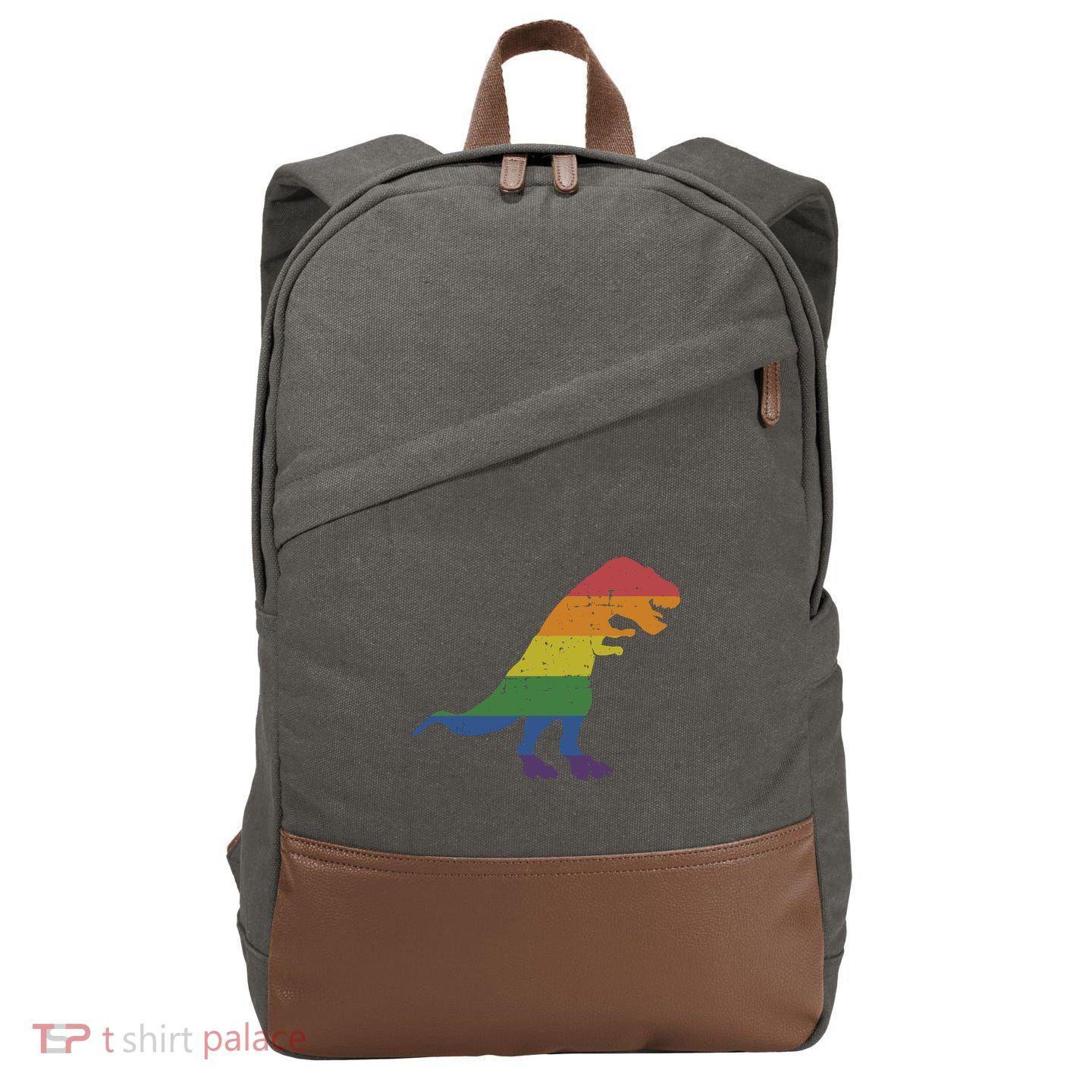 TRex Dinosaur In Rainbow Flag For Pride Month Awareness Cotton Canvas Backpack