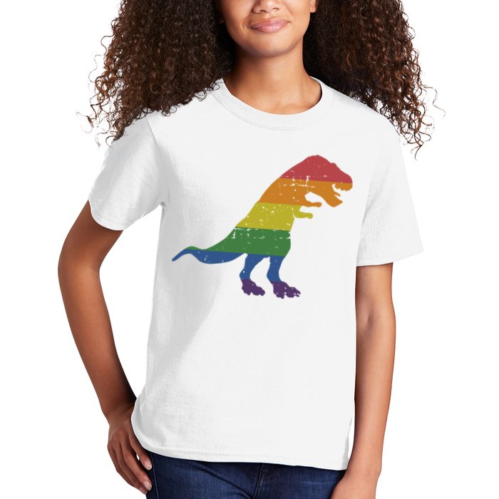 TRex Dinosaur In Rainbow Flag For Pride Month Awareness Kids T-Shirt