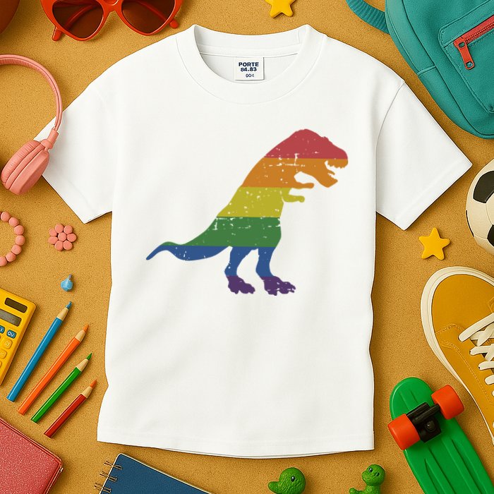 TRex Dinosaur In Rainbow Flag For Pride Month Awareness Kids T-Shirt