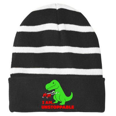 Trex Dinosaur I Am Unstoppable Gifts Xmas Striped Beanie with Solid Band