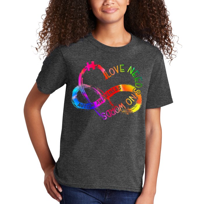 Tie Dye Infinity Heart Love Autism Awareness Needs No Words Kids T-Shirt