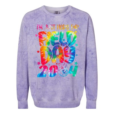 Tie Dye Just Here For Field Day 2024 Peace Sign Teacher Colorblast Crewneck Sweatshirt