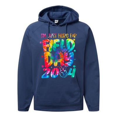 Tie Dye Just Here For Field Day 2024 Peace Sign Teacher Performance Fleece Hoodie