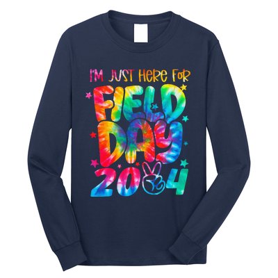 Tie Dye Just Here For Field Day 2024 Peace Sign Teacher Long Sleeve Shirt