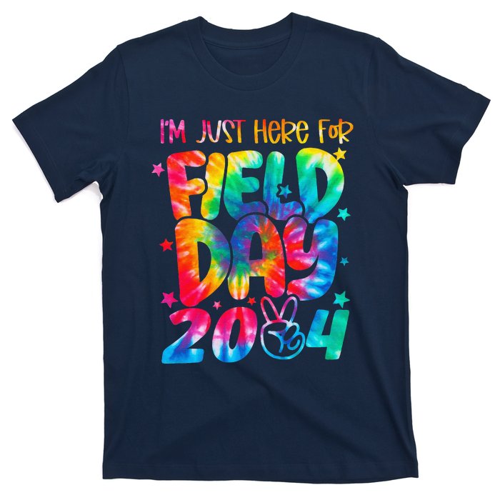 Tie Dye Just Here For Field Day 2024 Peace Sign Teacher T-Shirt