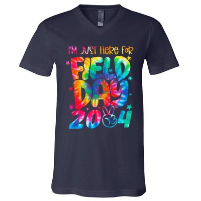 Tie Dye Just Here For Field Day 2024 Peace Sign Teacher V-Neck T-Shirt