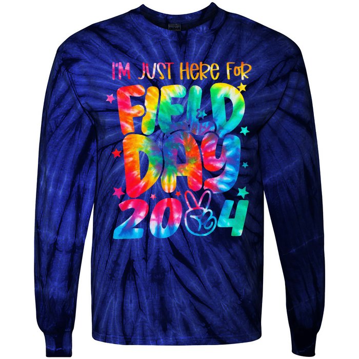 Tie Dye Just Here For Field Day 2024 Peace Sign Teacher Tie-Dye Long Sleeve Shirt