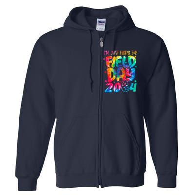 Tie Dye Just Here For Field Day 2024 Peace Sign Teacher Full Zip Hoodie