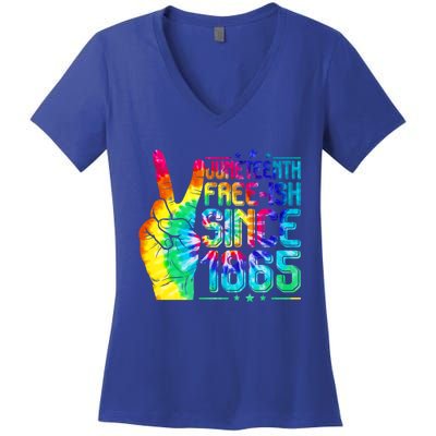 Tie Dye Juneteenth Freecool Giftish Since 1865 Black History Melanin Funny Gift Women's V-Neck T-Shirt