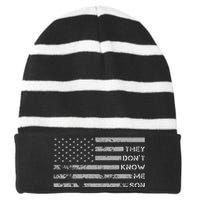 They DonT Know Me Son Military Motivational Striped Beanie with Solid Band