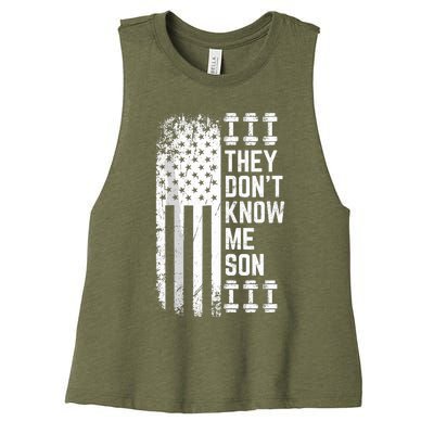 They Dont Know Me Son Bodybuilding Motivation Women's Racerback Cropped Tank