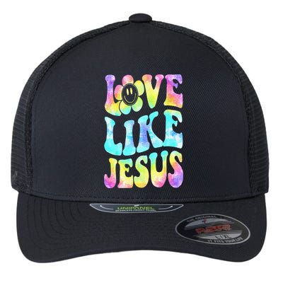 Tie Dye Love Like Jesus Retro Groovy Christian Religious God Flexfit Unipanel Trucker Cap