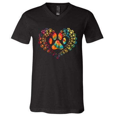 Tie Dye Love Dog Paw Print Heart Animal Lover V-Neck T-Shirt