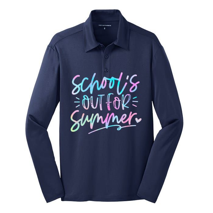 Tie Dye Last Day Of School Schools Out For Summer Teacher Silk Touch Performance Long Sleeve Polo