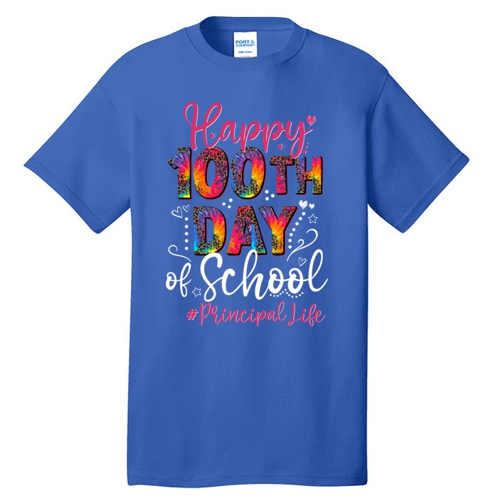 Tie Dye Leopard Happy 100th Day Of School Principal Life Gift Tall T-Shirt