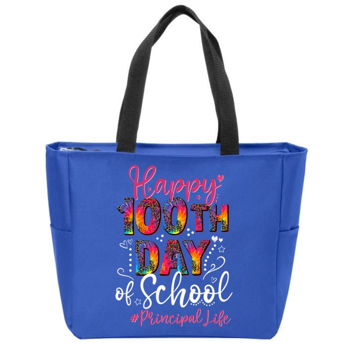 Tie Dye Leopard Happy 100th Day Of School Principal Life Gift Zip Tote Bag