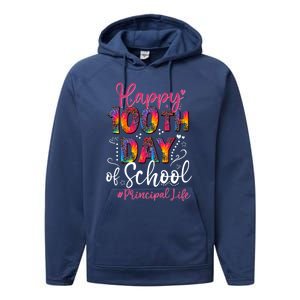 Tie Dye Leopard Happy 100th Day Of School Principal Life Gift Performance Fleece Hoodie