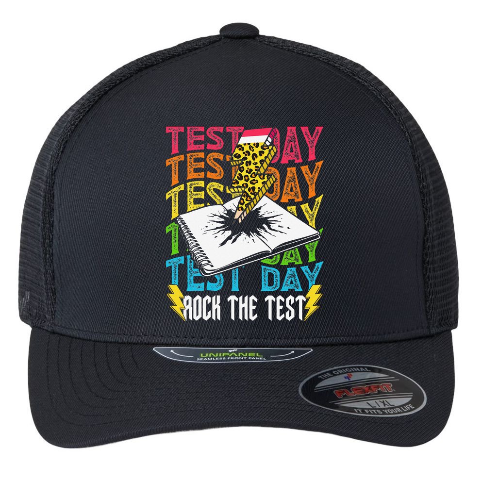 Testing Day Motivational School Teacher Rock The Test Day Flexfit Unipanel Trucker Cap