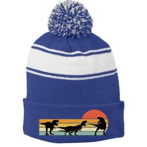 Trex Dinosaur March Retro Sunset Stripe Pom Pom Beanie