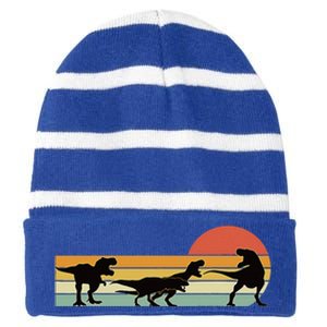 Trex Dinosaur March Retro Sunset Striped Beanie with Solid Band