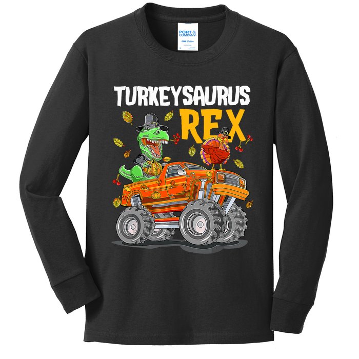 Turkey Dino Monster Truck Thanksgiving Turkeysaurus Rex Kids Long Sleeve Shirt