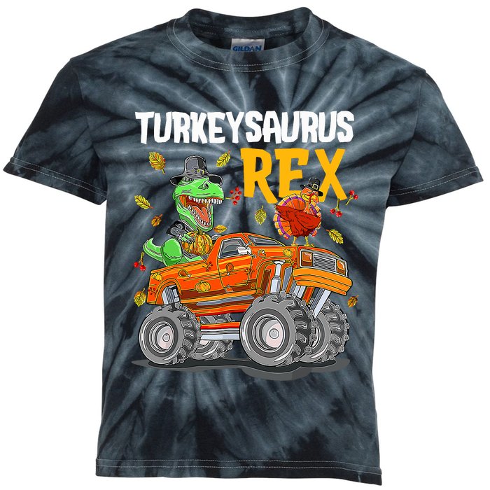 Turkey Dino Monster Truck Thanksgiving Turkeysaurus Rex Kids Tie-Dye T-Shirt