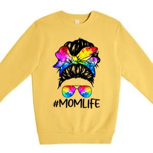 Tie Dye Mom Messy Bun Lgbtq Rainbow Proud Mom Lesbian Funny Gift Premium Crewneck Sweatshirt