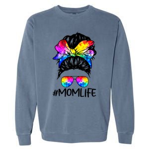 Tie Dye Mom Messy Bun Lgbtq Rainbow Proud Mom Lesbian Funny Gift Garment-Dyed Sweatshirt