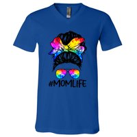 Tie Dye Mom Messy Bun Lgbtq Rainbow Proud Mom Lesbian Funny Gift V-Neck T-Shirt