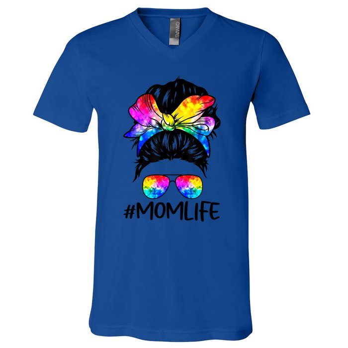 Tie Dye Mom Messy Bun Lgbtq Rainbow Proud Mom Lesbian Funny Gift V-Neck T-Shirt