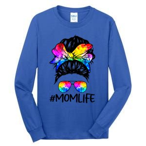 Tie Dye Mom Messy Bun Lgbtq Rainbow Proud Mom Lesbian Funny Gift Tall Long Sleeve T-Shirt