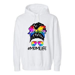 Tie Dye Mom Messy Bun Lgbtq Rainbow Proud Mom Lesbian Funny Gift Garment-Dyed Fleece Hoodie