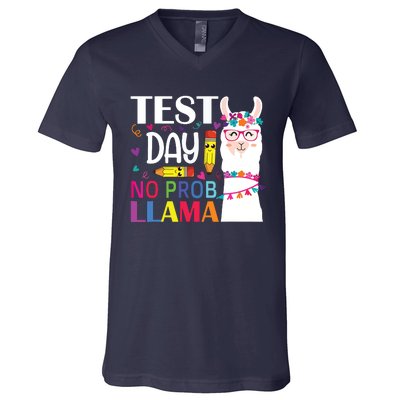 Test Day No Probllama Llama Teacher Testing Day V-Neck T-Shirt