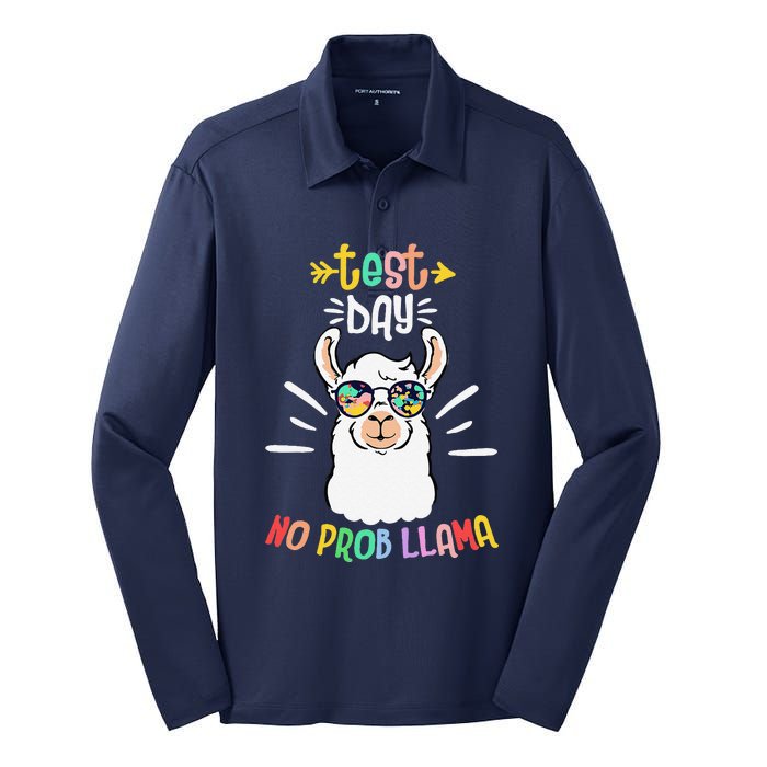 Test Day No Prob Llama Cute Test Day For Teachers Students Silk Touch Performance Long Sleeve Polo