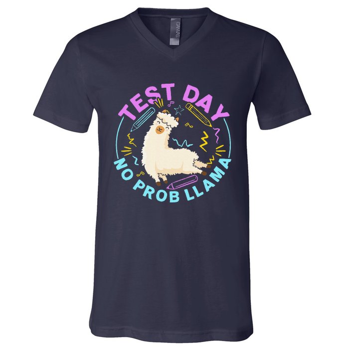 Test Day No Probllama Llama Teacher Testing Day Design V-Neck T-Shirt