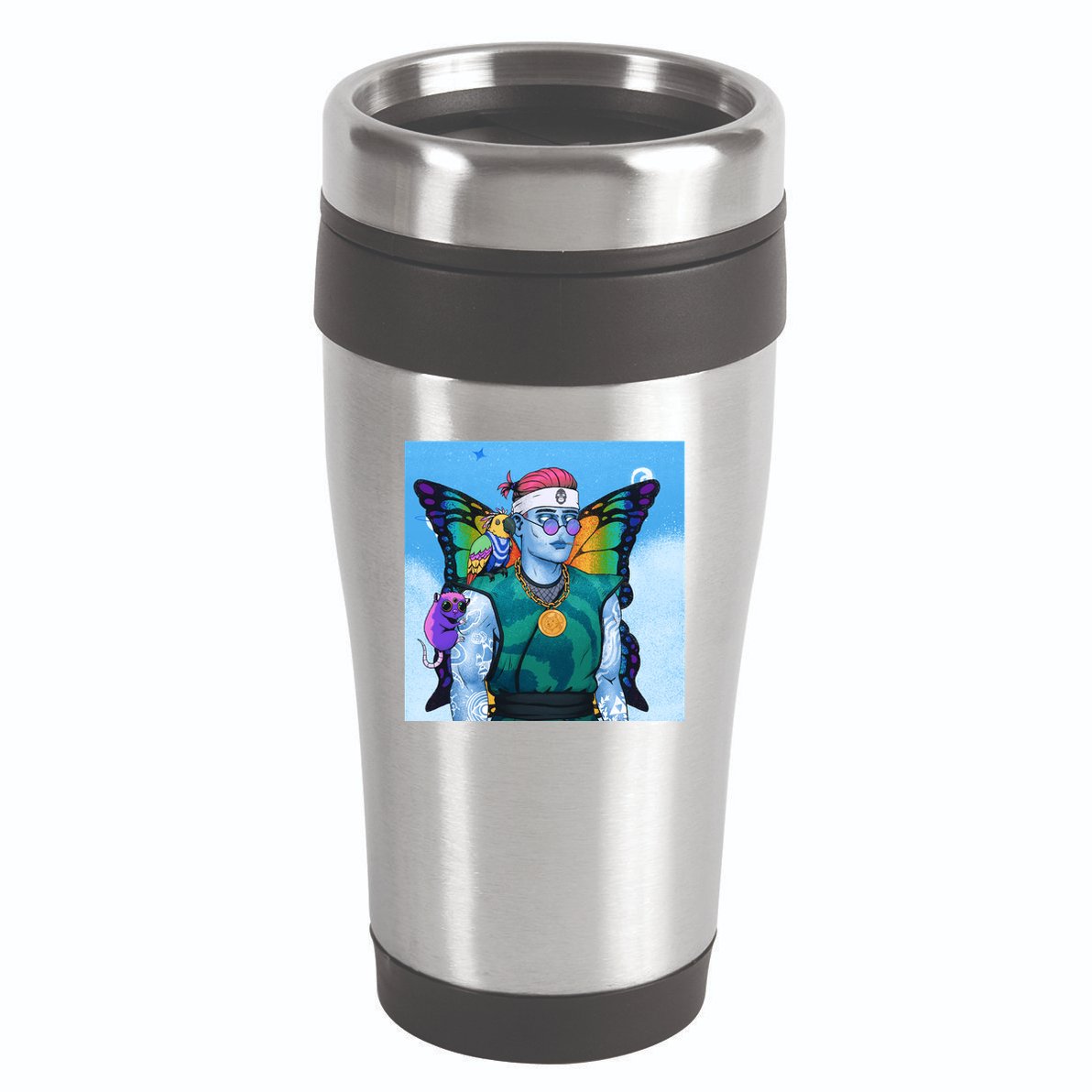 Tie Dye Ninja NFT Space Parrot Rainbow Butterfly Wings 16oz Travel Tumbler