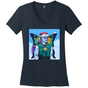 Tie Dye Ninja NFT Space Parrot Rainbow Butterfly Wings Women's V-Neck T-Shirt