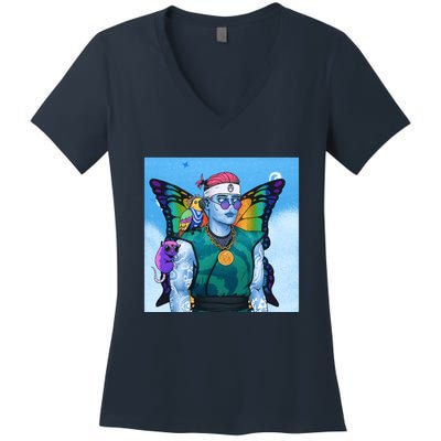 Tie Dye Ninja NFT Space Parrot Rainbow Butterfly Wings Women's V-Neck T-Shirt