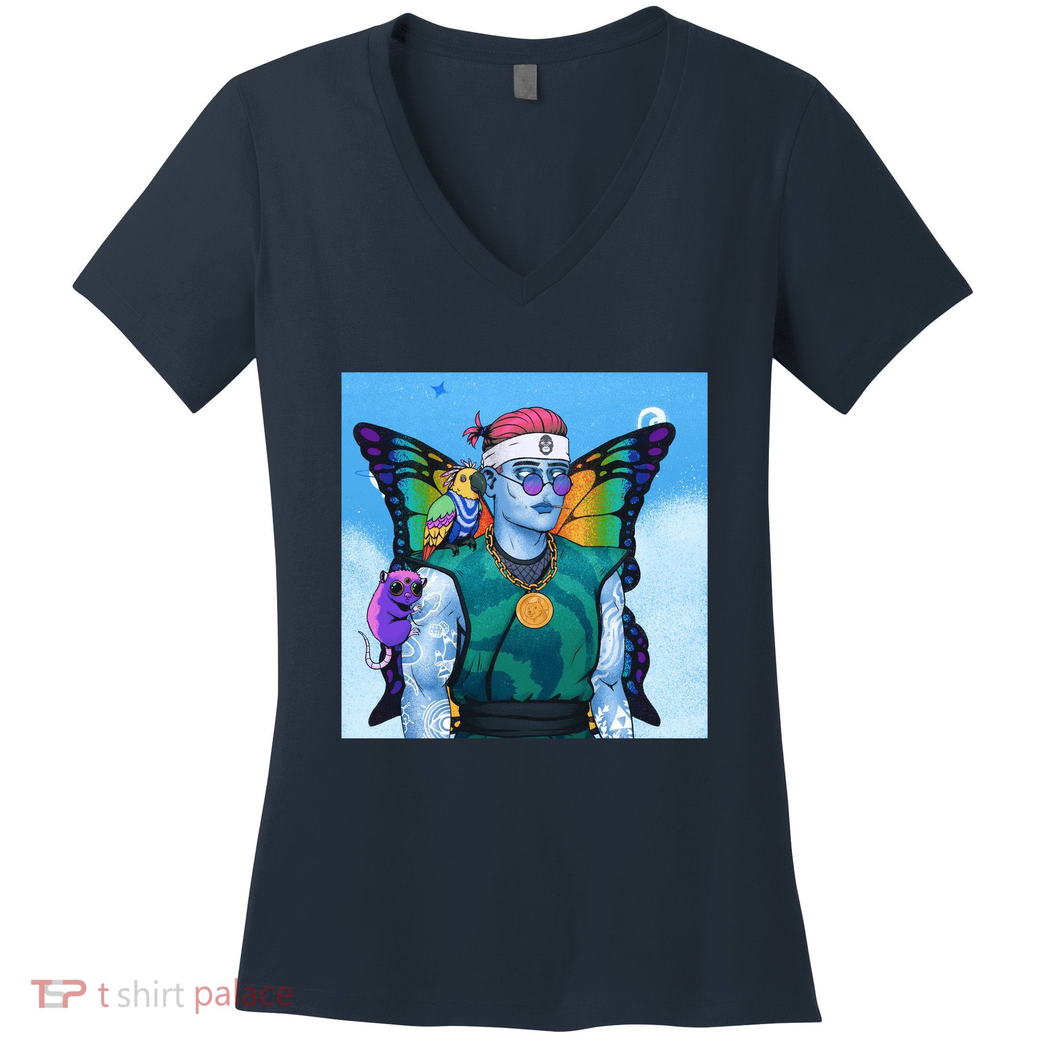 Tie Dye Ninja NFT Space Parrot Rainbow Butterfly Wings Women's V-Neck T-Shirt