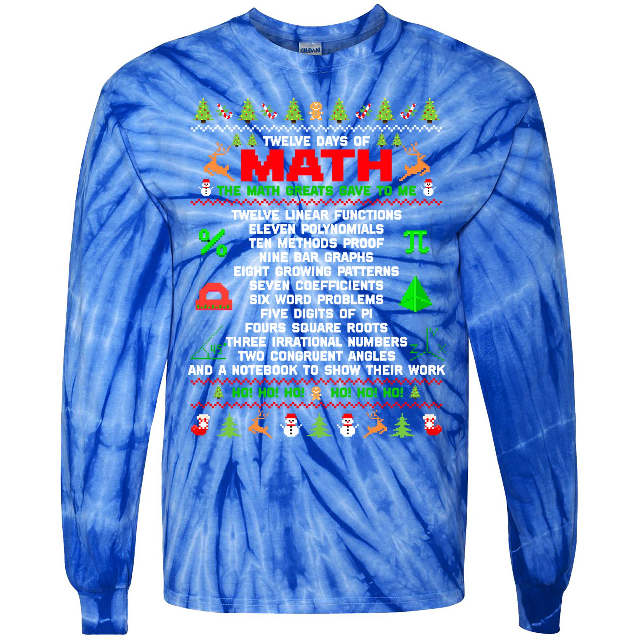 Twelve Days Of Math Teacher Students Ugly Sweater Christmas Gift Tie-Dye Long Sleeve Shirt