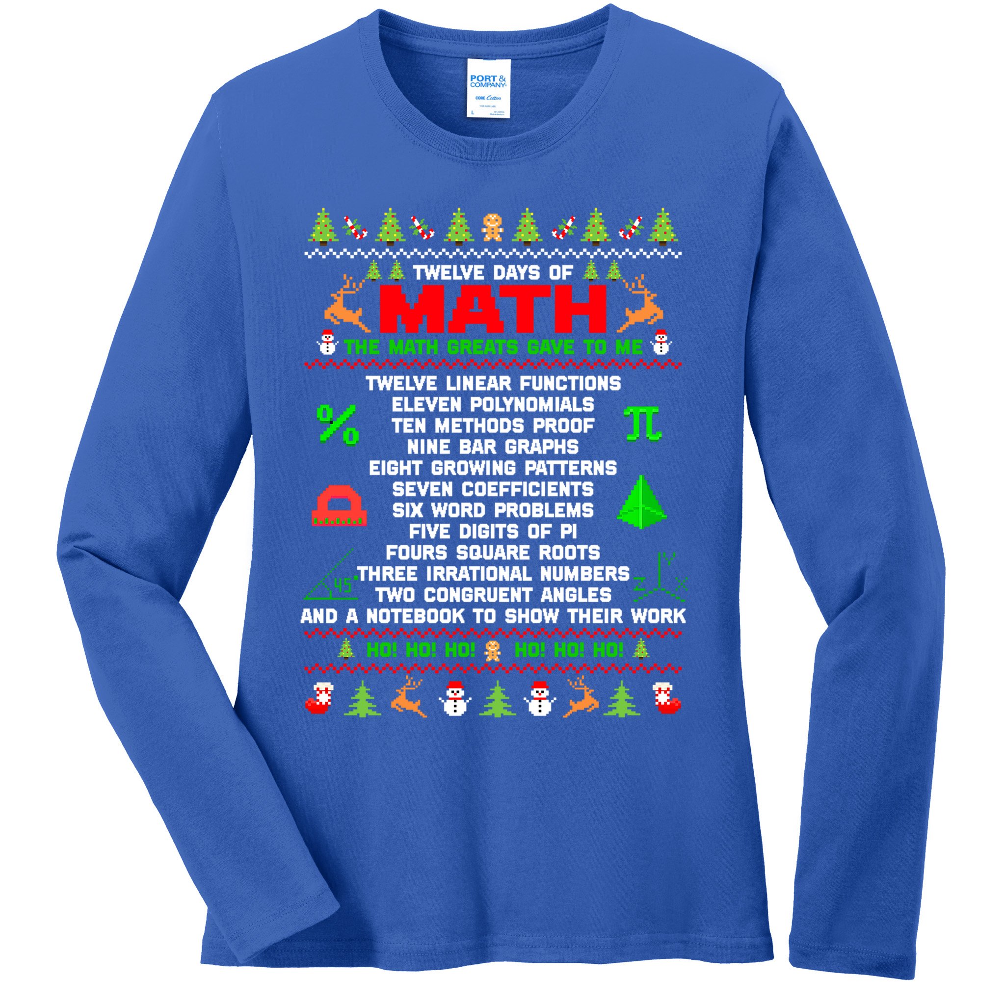 Twelve Days Of Math Teacher Students Ugly Sweater Christmas Gift Ladies Long Sleeve Shirt