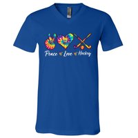 Tie Dye Peace Love Hockey Sports Team Game Player Gift V-Neck T-Shirt