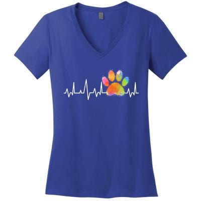 Tie Dye Paw Print Heartbeat Cute Veterinarian Vet Tech Gift Women's V-Neck T-Shirt