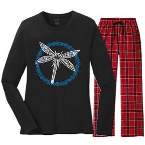 Tribal Dragonfly Polynesian Tattoo Style Insect Art Women's Long Sleeve Flannel Pajama Set 