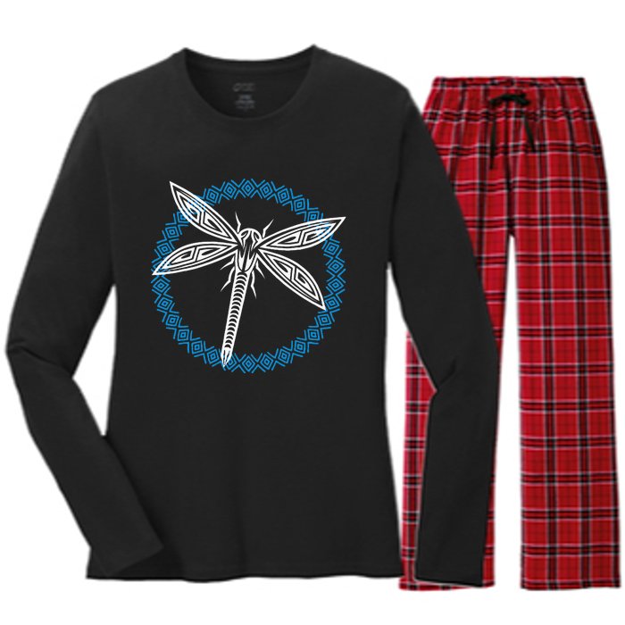 Tribal Dragonfly Polynesian Tattoo Style Insect Art Women's Long Sleeve Flannel Pajama Set 