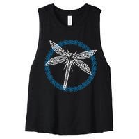 Tribal Dragonfly Polynesian Tattoo Style Insect Art Women's Racerback Cropped Tank