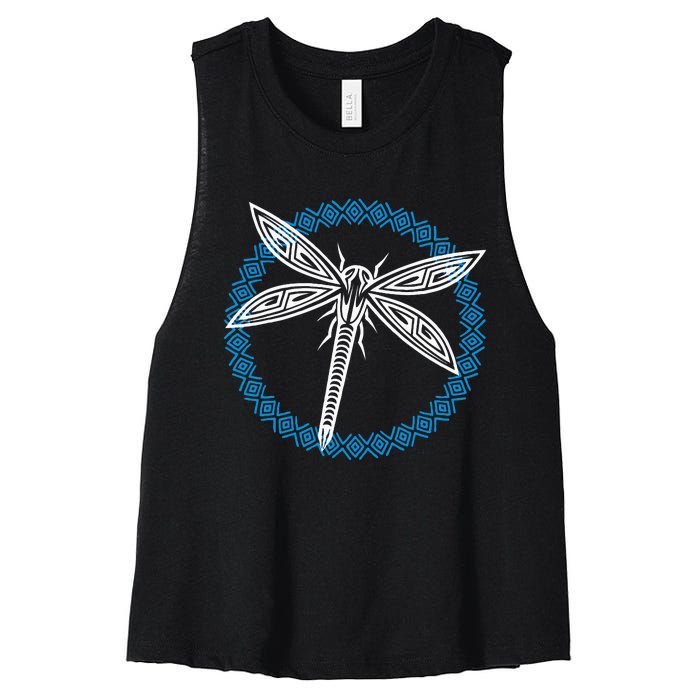 Tribal Dragonfly Polynesian Tattoo Style Insect Art Women's Racerback Cropped Tank