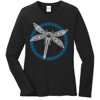 Tribal Dragonfly Polynesian Tattoo Style Insect Art Ladies Long Sleeve Shirt