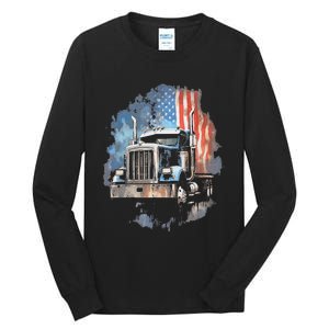 Truck Driver Patriotic American Flag Trucker Semi Driver Usa Tall Long Sleeve T-Shirt